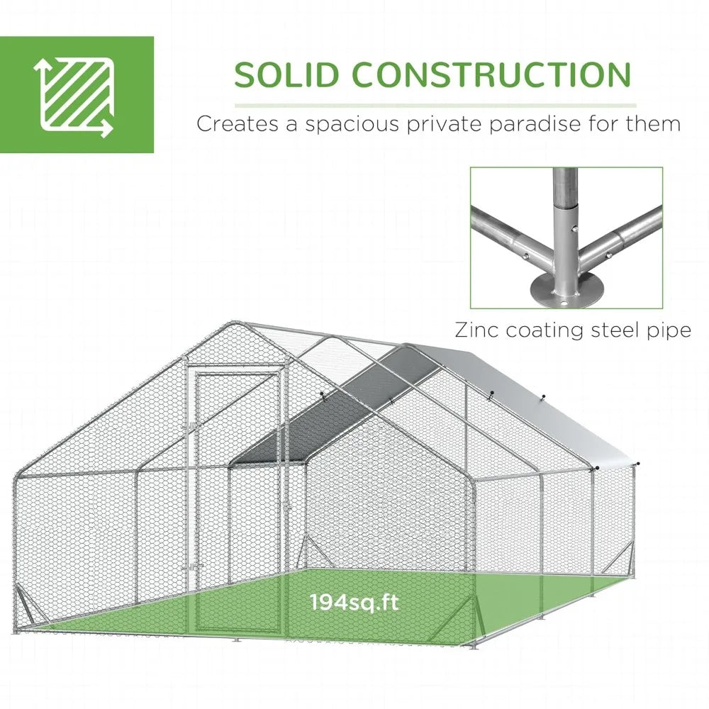 Chicken Coop Metal Chicken Run with Waterproof and Anti-UV Cover, Spire Shaped Walk in Fence Cage Hen House