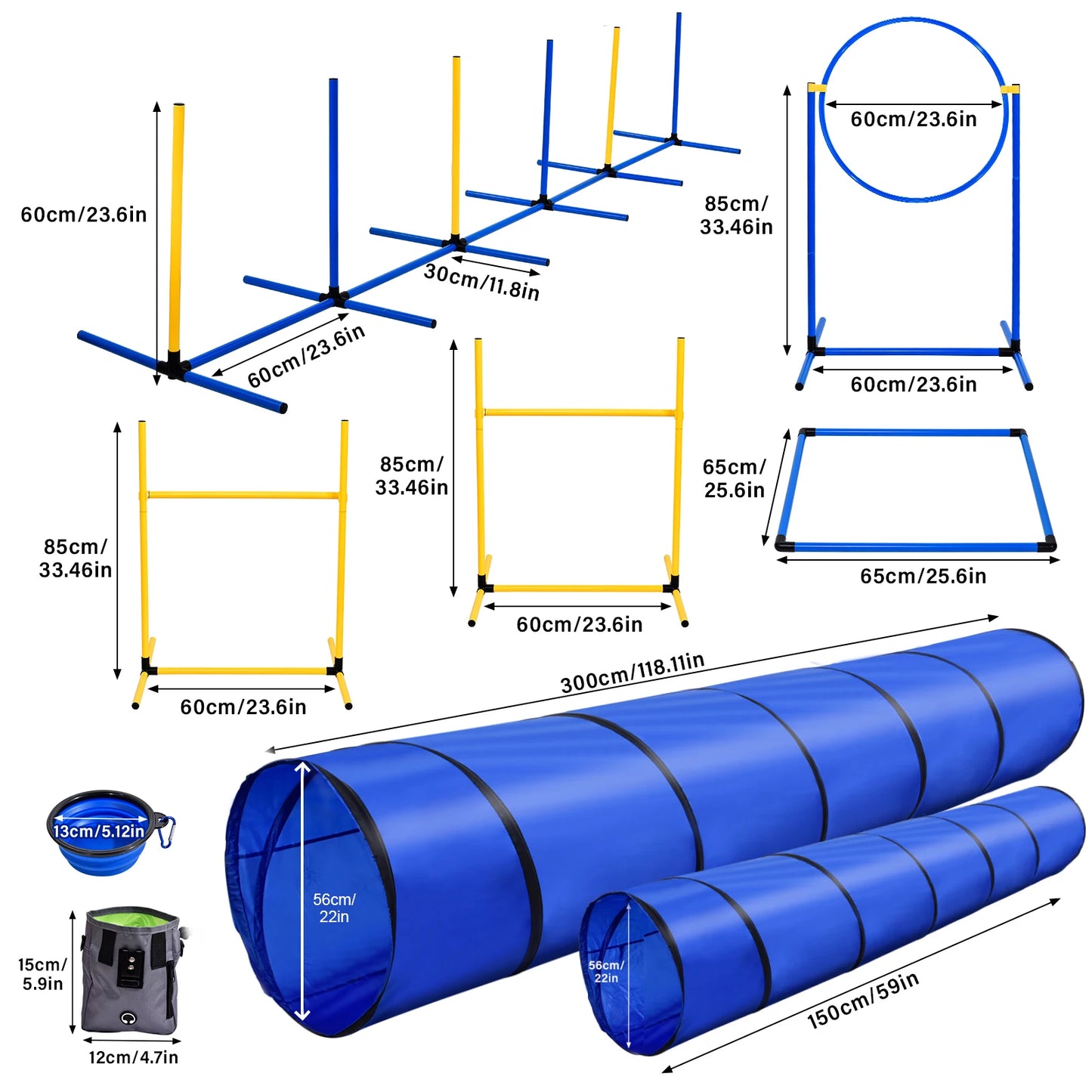 Dog Agility Course Backyard Set Dog Training Kit with 2 Tunnels, Hoop Jump, 2 Hurdle Jumps, 6 Weave Poles, Pause Box, Whistle