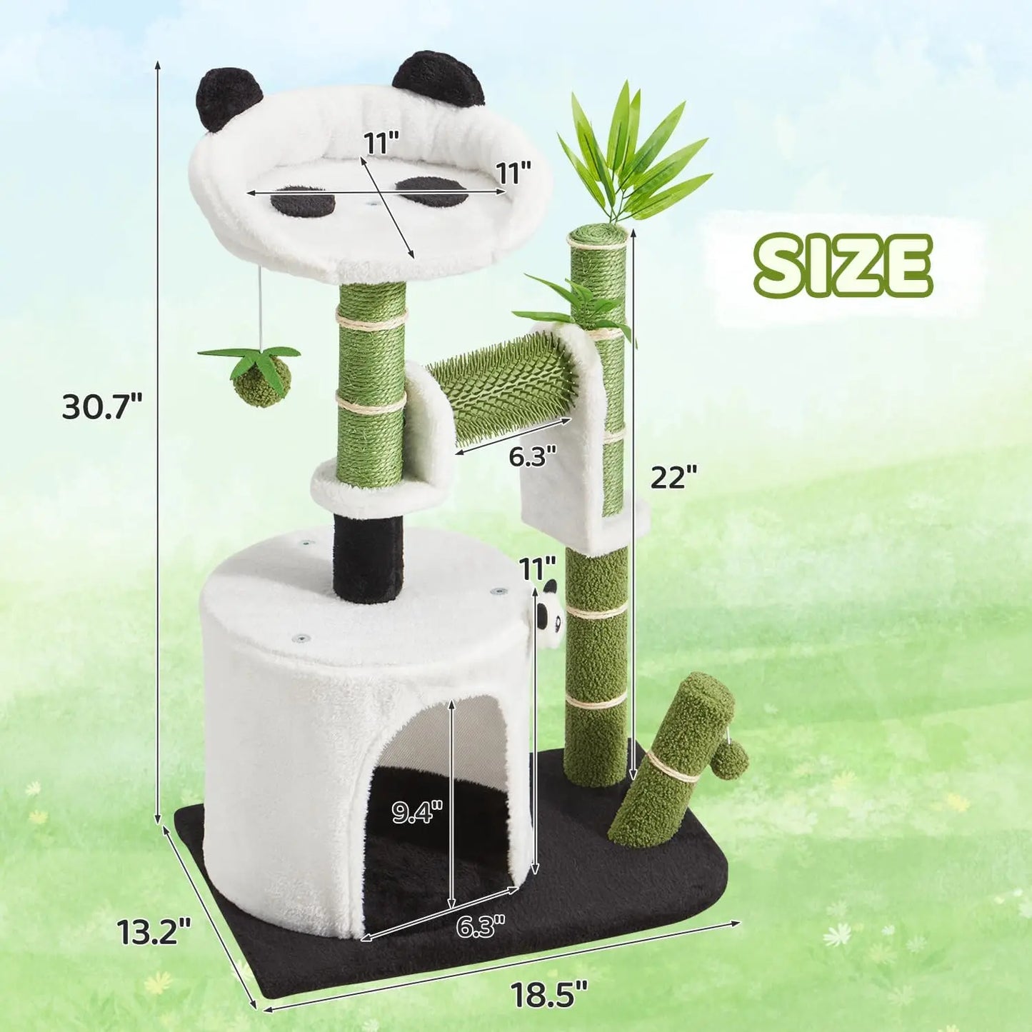 Panda Cat Tree, 30.7' Indoor Cat Tower with Self Groomer, Two-Layer Modern Cat Scratching Post Interactive Toy with Dangling