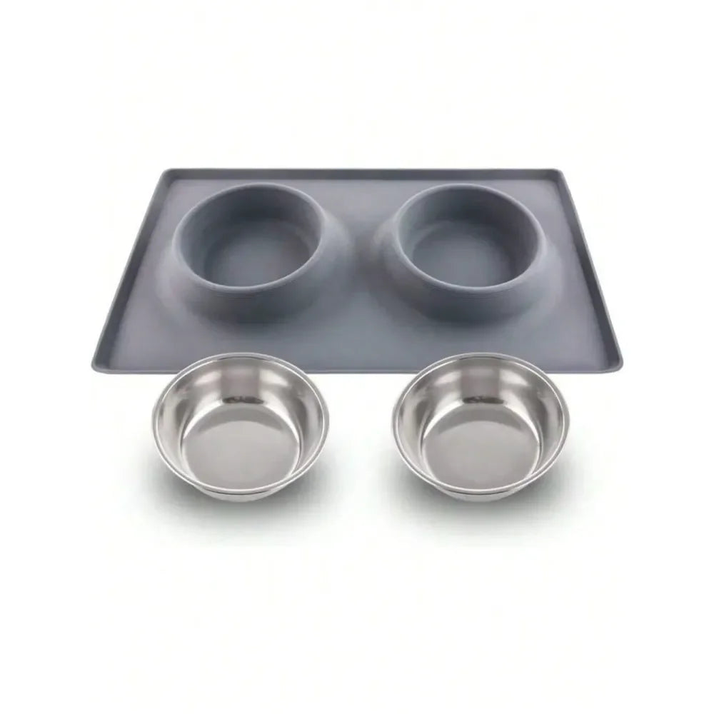 Dog Supplies Dogs Accessories Bowls With Mat, Cat Food Water Bowl Set 13.5oz Each In No Spill Silicone Mat, Dual Pet Feeder Bowl