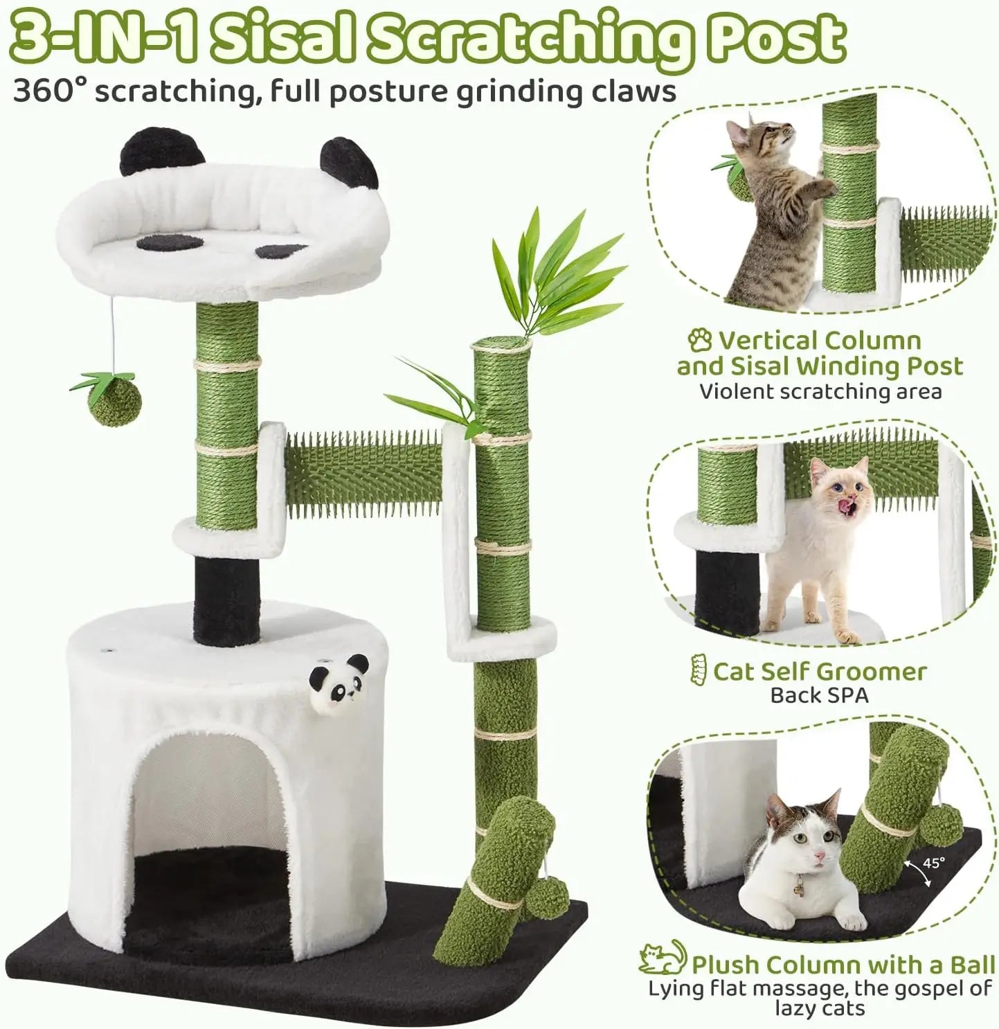 Panda Cat Tree, 30.7' Indoor Cat Tower with Self Groomer, Two-Layer Modern Cat Scratching Post Interactive Toy with Dangling