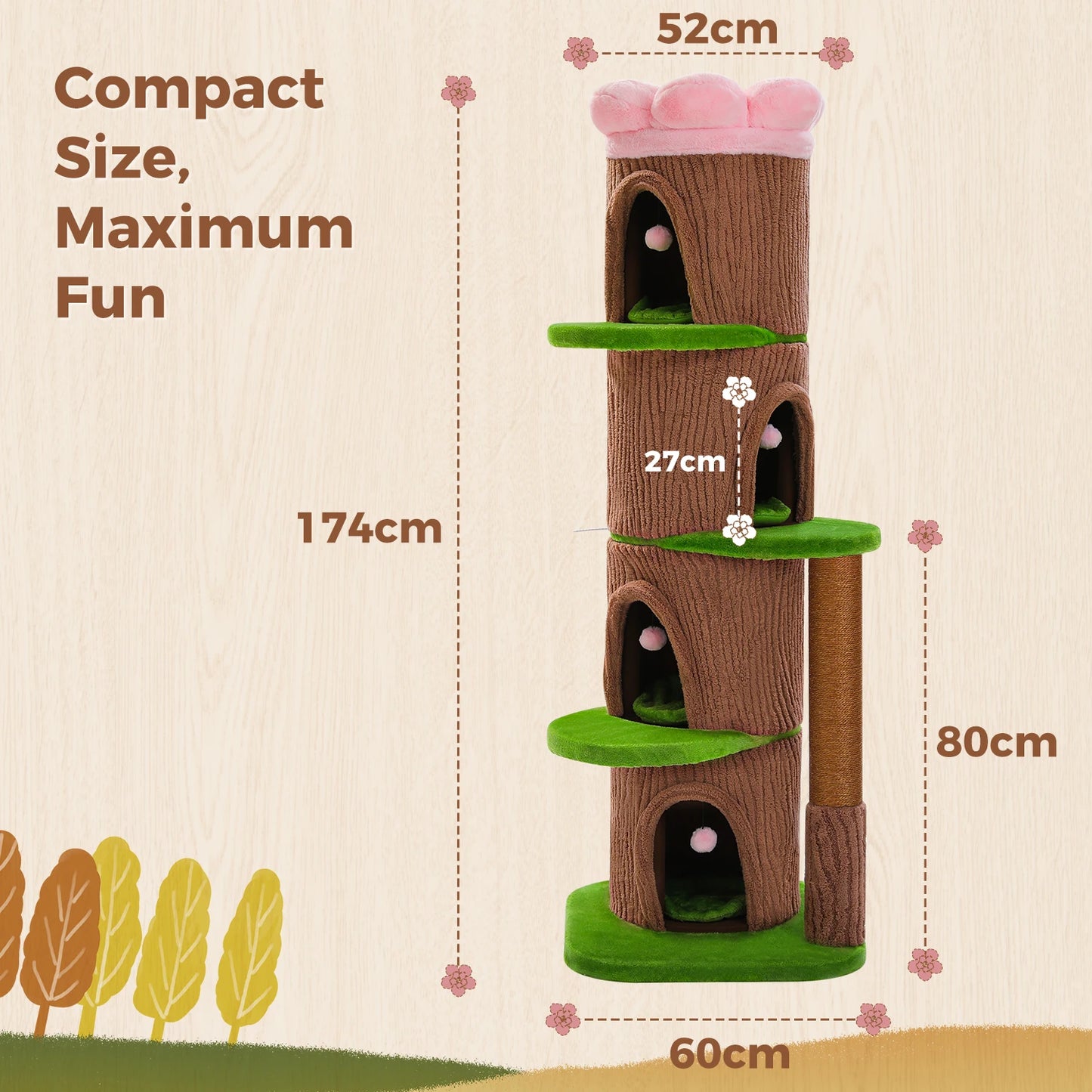 Large Cat Tree with 4 Spacious Condos Thick Scratching Post Flower Top Bed Tall Cat Tower for Indoor Luxury Cat House Bed Toys
