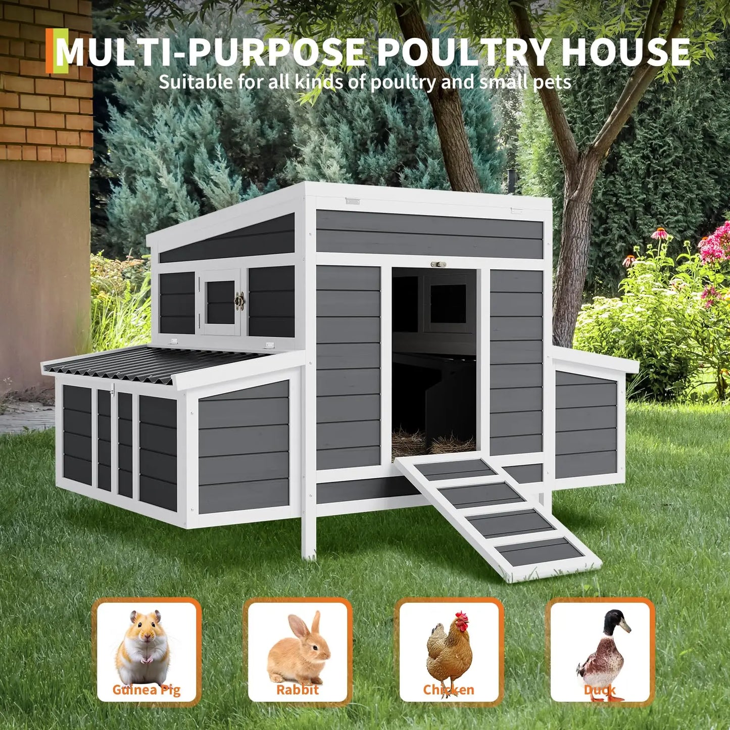 Large Wooden Chicken Coop For 4-6 Chickens 2 Nesting Boxes Pull-Out Tray & No-Slip Ramp Weatherproof Backyard Poultry Cage