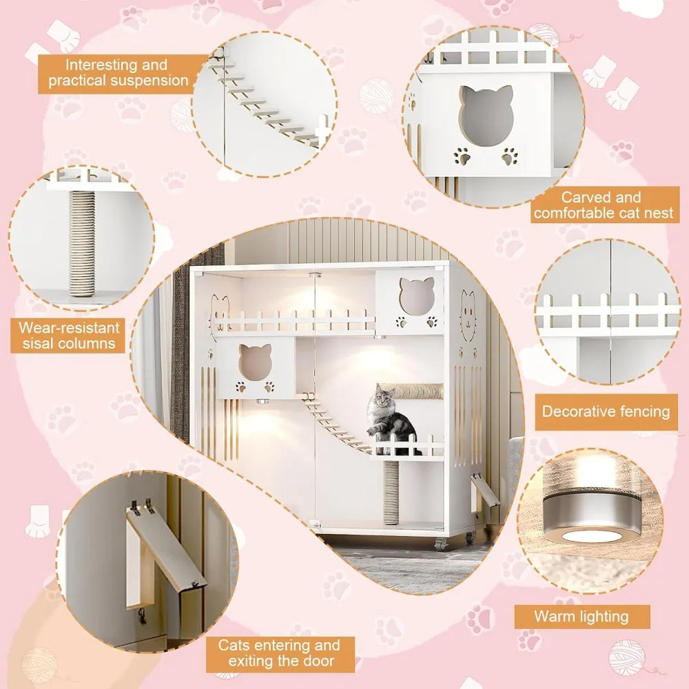 Large Indoor Wooden Cat Cage with Wheels Multi-Feature Enclosed Condo House for Cats with Ventilation