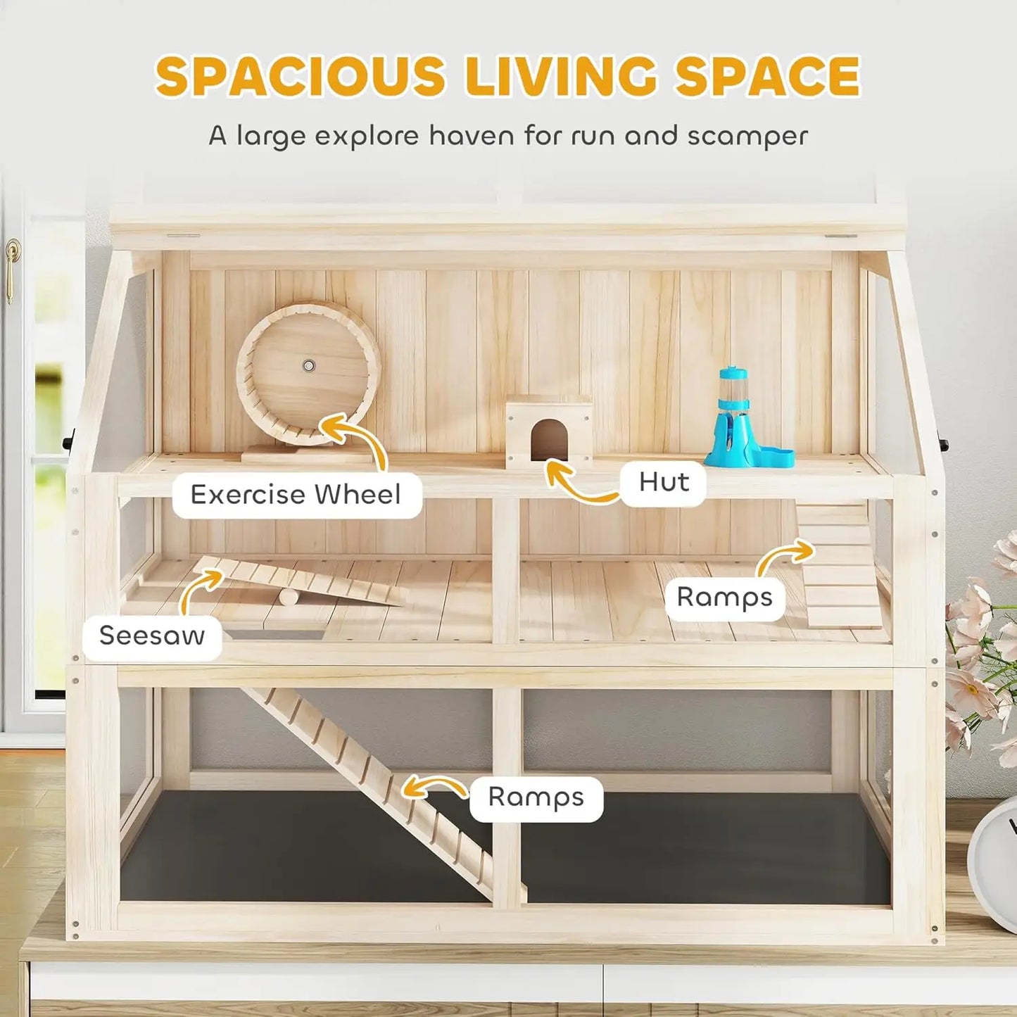 Wooden Hamster Cage, 3 Tier Small Animal Cage with Detachable 12.4" Deep Bottom, Hut, Seesaw, Exercise Wheel,, Customized