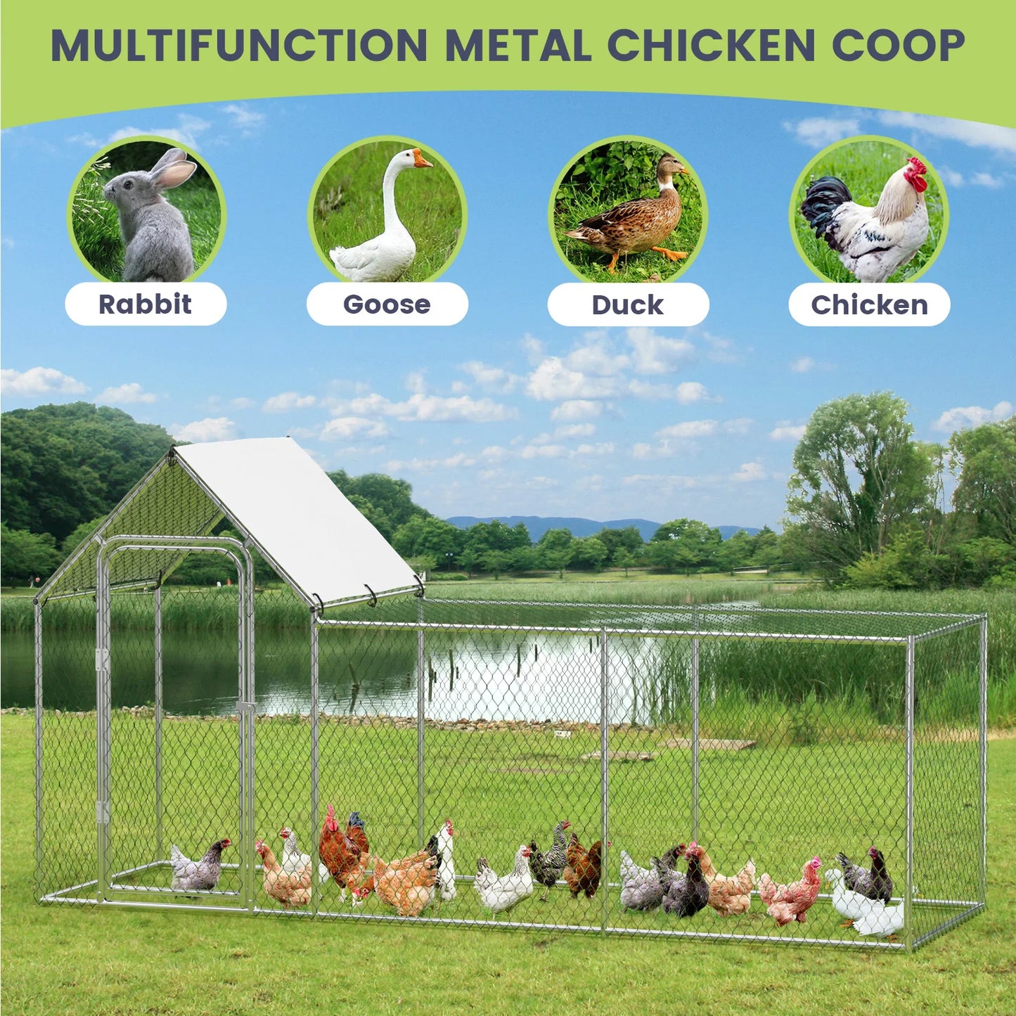 Large Walk-in Metal Chicken Coop,Outdoor Enclosure with Waterproof Anti-UV Canopy Standing Poultry Cage for Hens Rabbit Duck Run