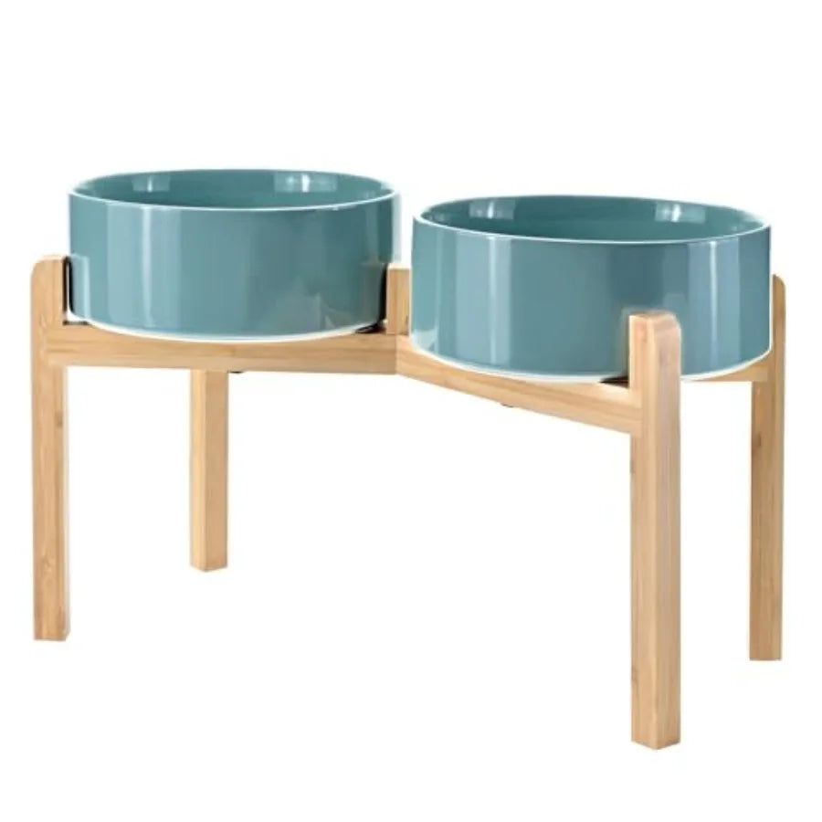 Elevated Dog Bowls Ceramic, 6.1'' Dogs and Cat Food Water Bowls Raised with Non-Slip Bamboo Stand for Medium Sized Breed Microw