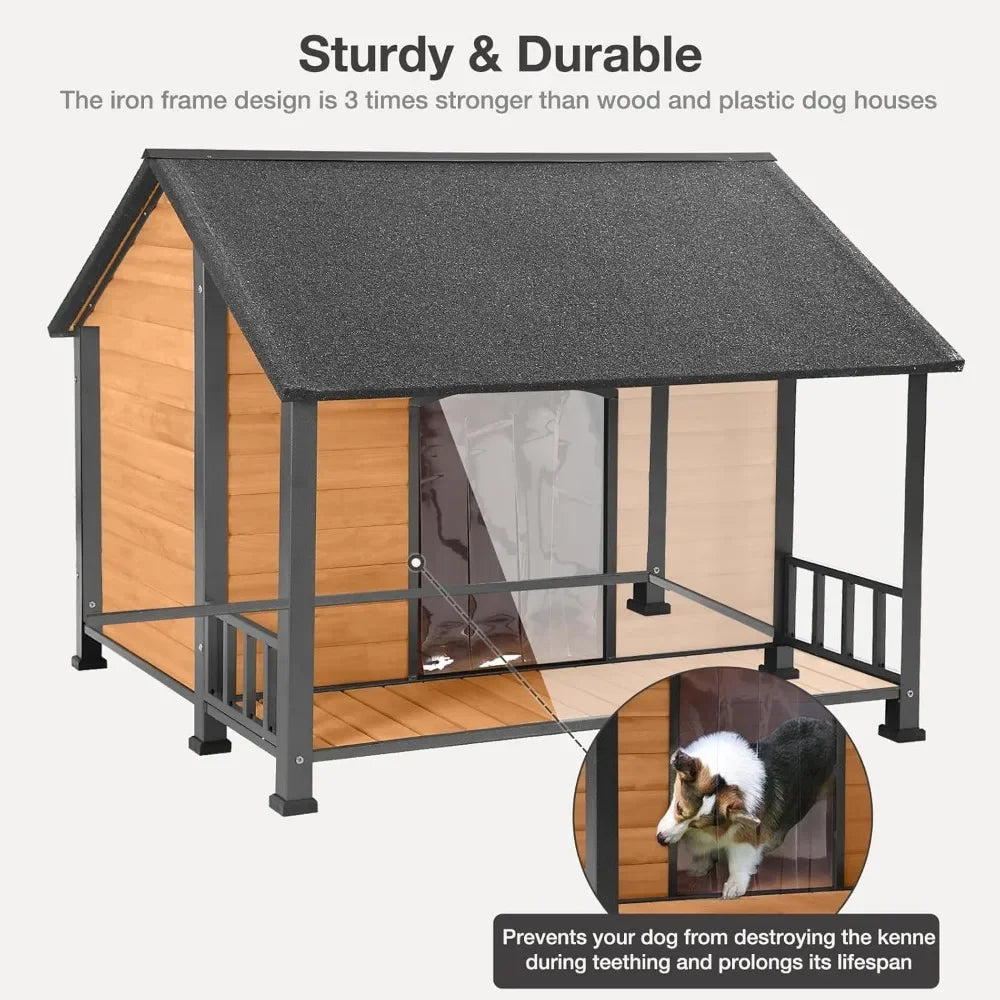 Outdoor Weatherproof Dog House, Easy to Assemble Puppy Shelter with All-Around Iron Frame & Fir Wood, Ideal for Large Dog Bree