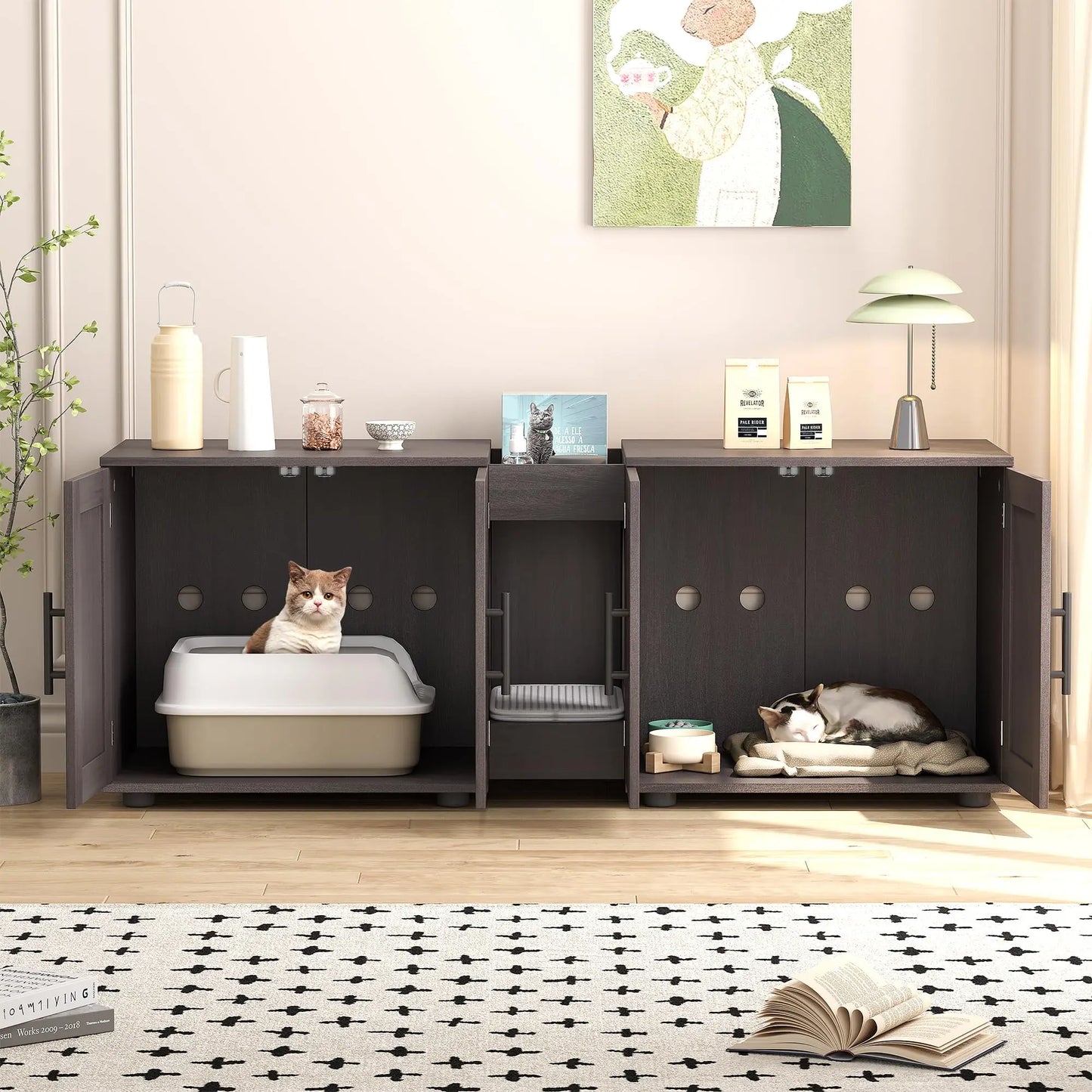 Litter Box Enclosure with Double Room, Cat Hidden Litter Box Enclosure Furniture for 2 Cats, Wooden Enclosed Cat Litter Box Furn