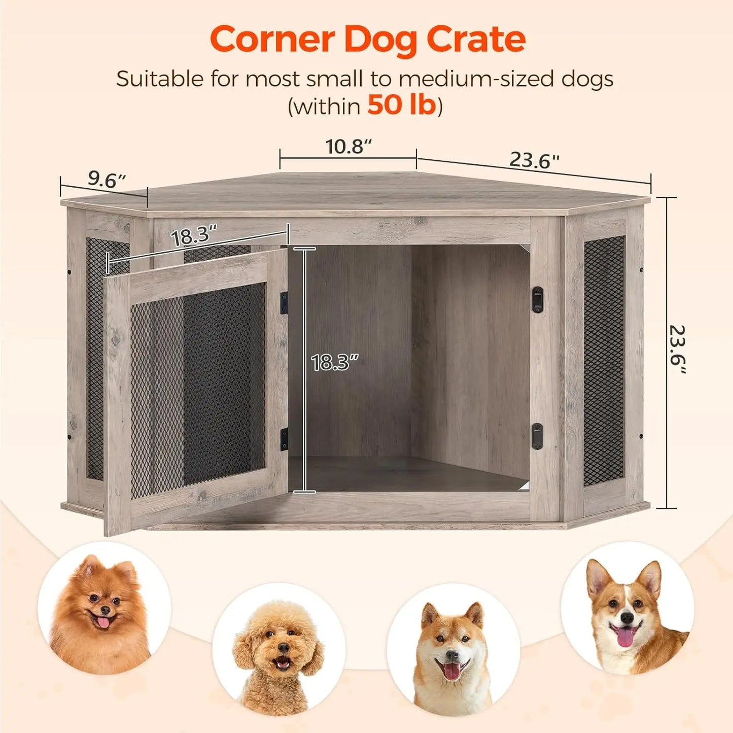 Corner Dog Crate Furniture, Wooden Kennel End Table for Small Medium Dogs, Decorative Pet Cage Indoor Use