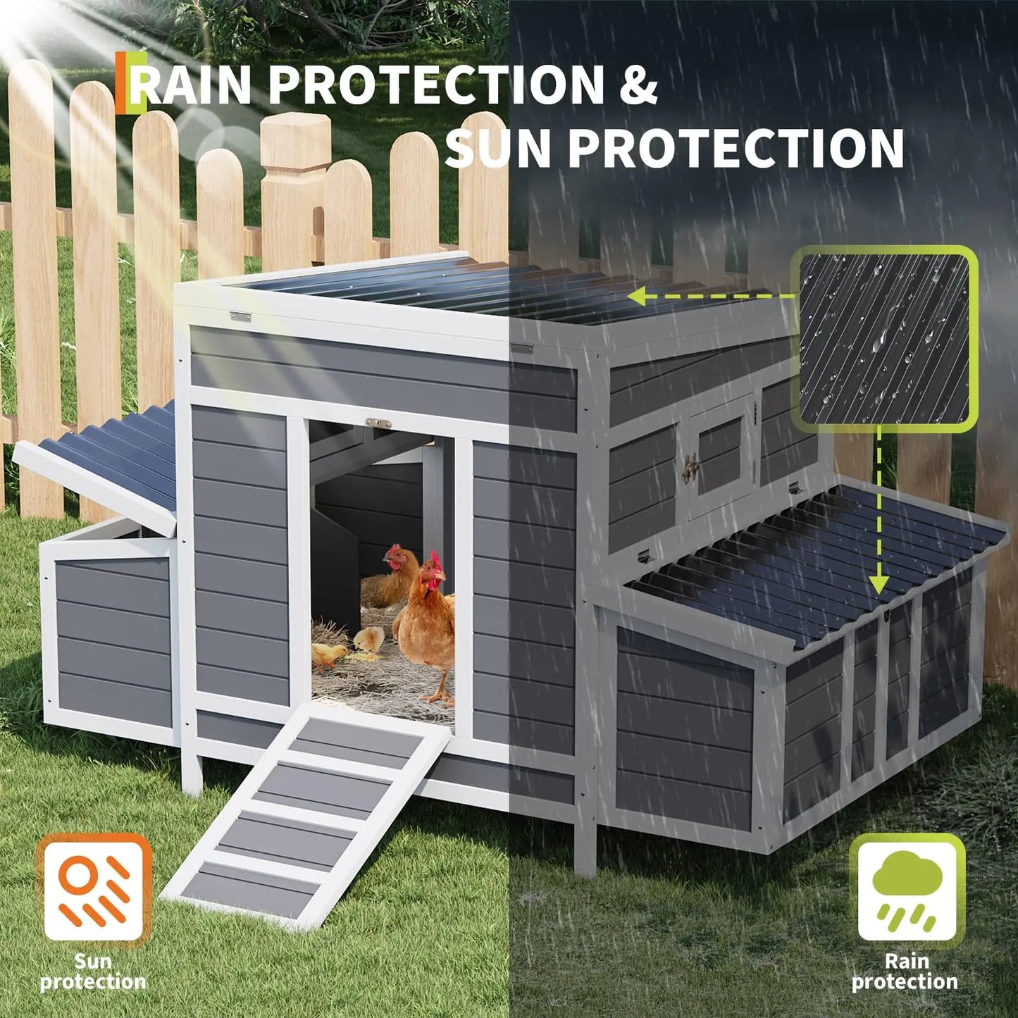 Large Wooden Chicken Coop For 4-6 Chickens 2 Nesting Boxes Pull-Out Tray & No-Slip Ramp Weatherproof Backyard Poultry Cage