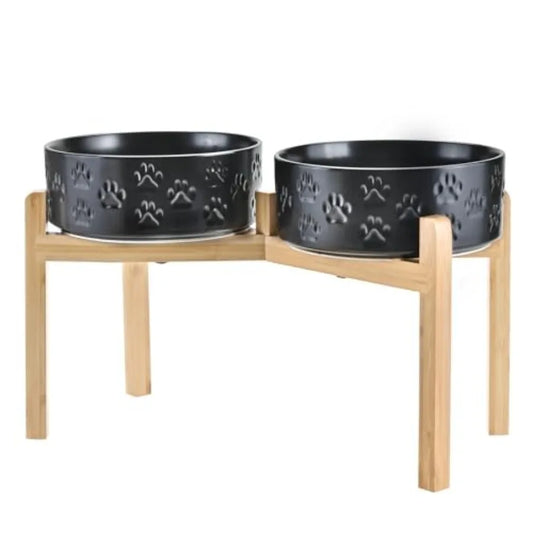 Elevated Dog Bowls Ceramic, 6.1'' Dogs and Cat Food Water Bowls Raised with Non-Slip Bamboo Stand for Medium Sized Breed Microw