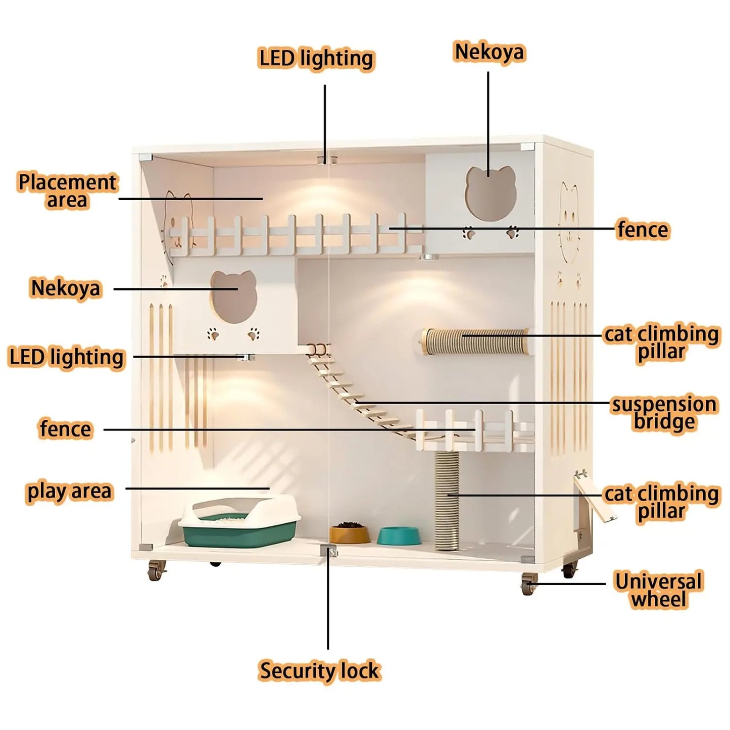 Large Cat Cage, Wooden Cat House for Outdoor/Indoor Cats, Multi-Feature Cat Condo with Scratching Posts and Wheels,, Custom
