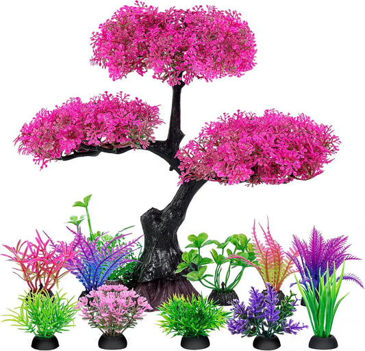 Artificial Aquarium Plants Decor Set, Cherry Blossom Tree Hide Accessories for Goldfish Betta Fish Tank