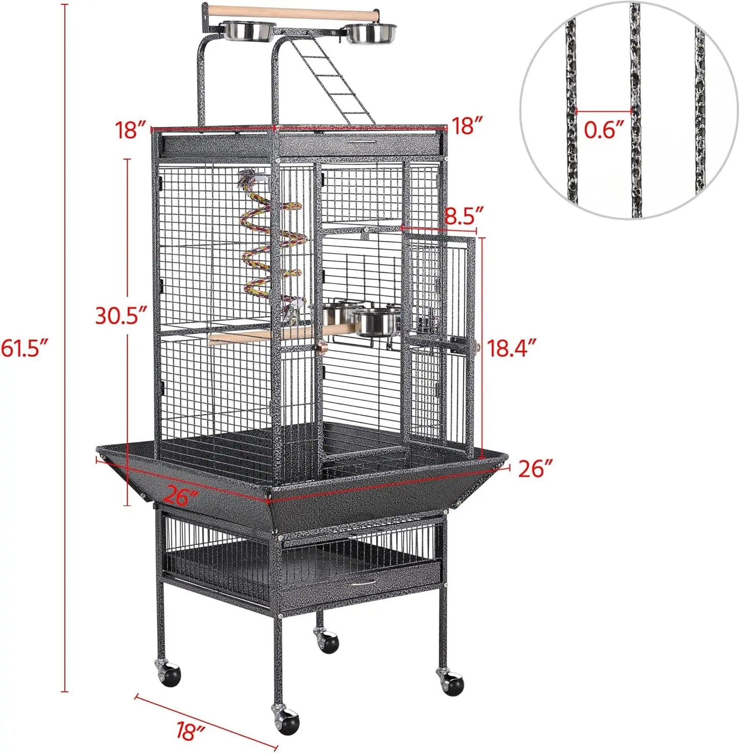 61in Large Parrot Cage Playtop Wrought Iron with Rolling Stand for Cockatiels Amazon Parrot Conure Lovebird Black