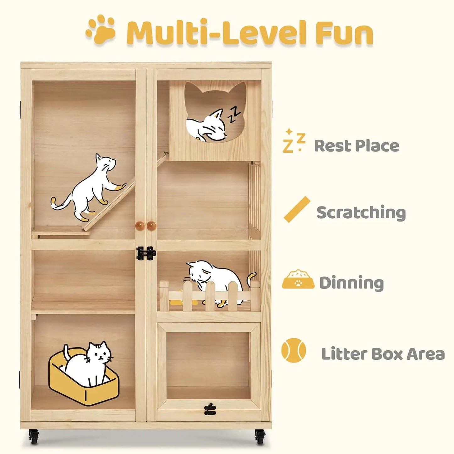 Wooden Cat Houses for Indoor Cats, Luxury Kitten House with Scratching Pad, Lockable Doors, Wheels, CT090, Custom