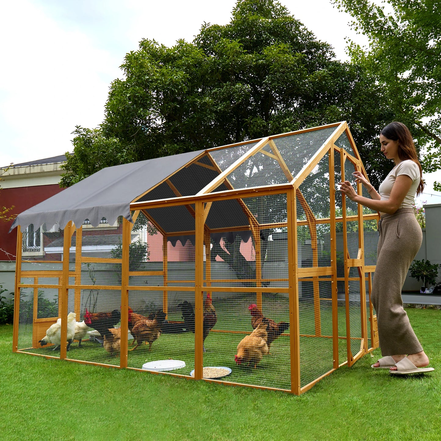 110'' Large Outdoor Chicken Coop And Kitten Playpen with Waterproof Cover Platforms 2 Easy-Access Doors for Pets