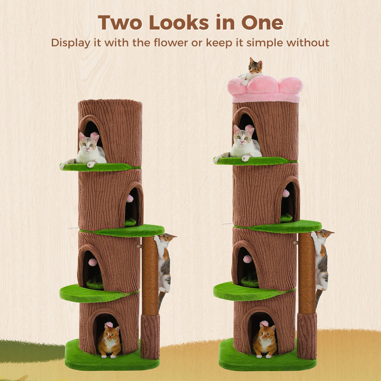 Large Cat Tree with 4 Spacious Condos Thick Scratching Post Flower Top Bed Tall Cat Tower for Indoor Luxury Cat House Bed Toys