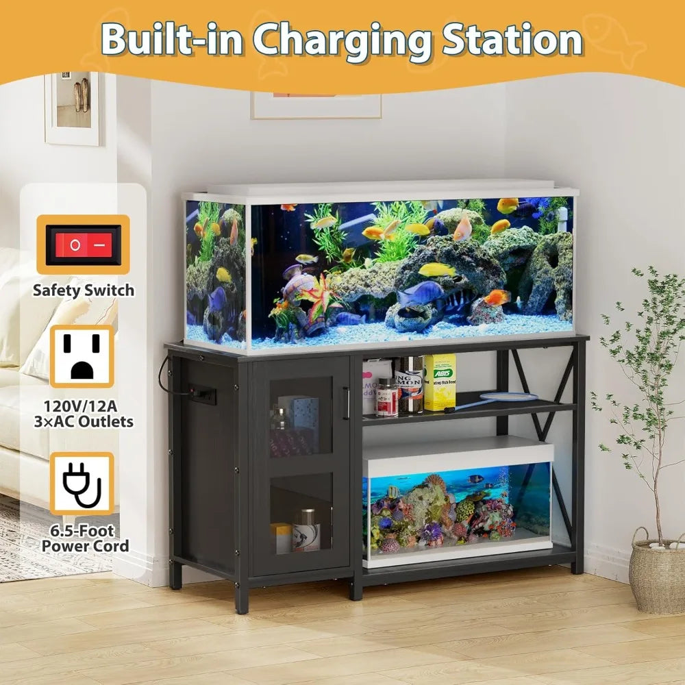 55-75 Gallon Fish Tank Stand, Aquarium Stand with Cabinet & Power Outlets for Fish Tank Accessories Storage, Heavy Duty Metal