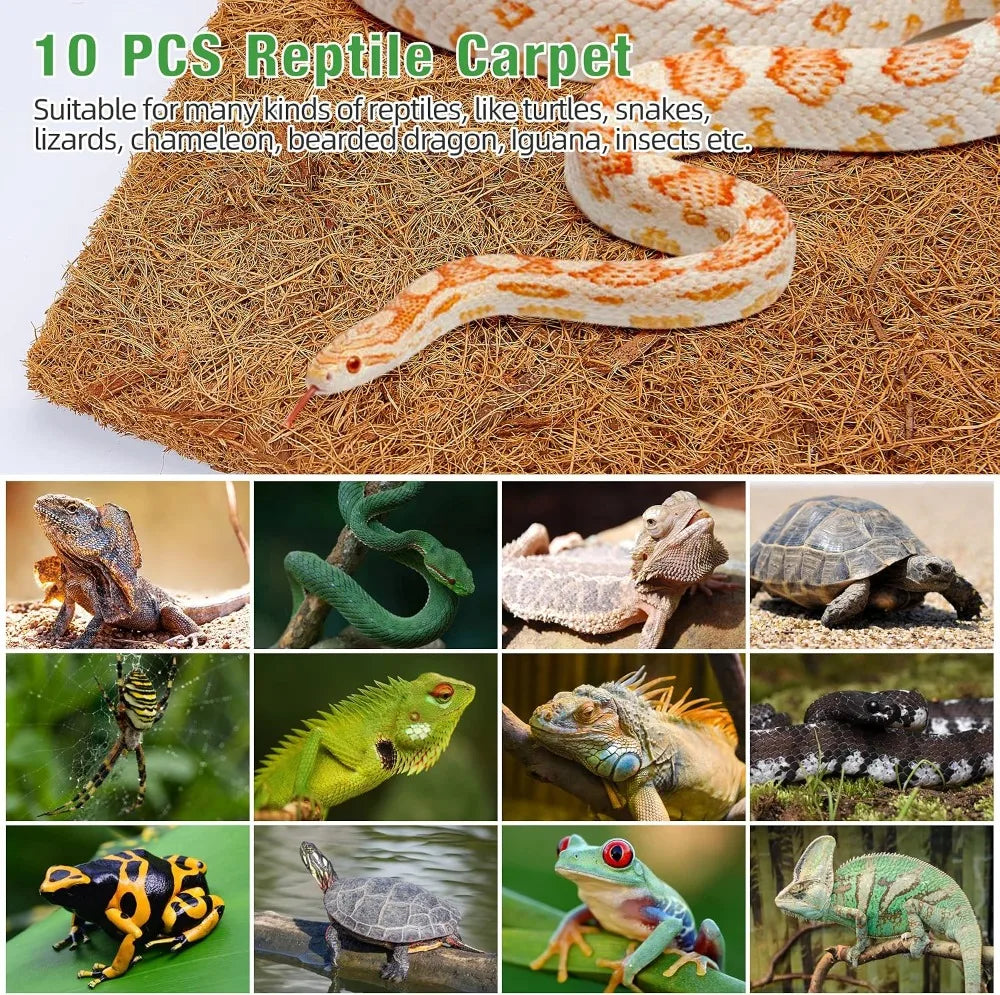 10 Pcs Natural Coconut Fiber Reptile Carpet, 12x12 inch Terrarium Liner Mat for Bearded Dragon, Lizard, Snake, Turtle, Gecko Substrate Bedding