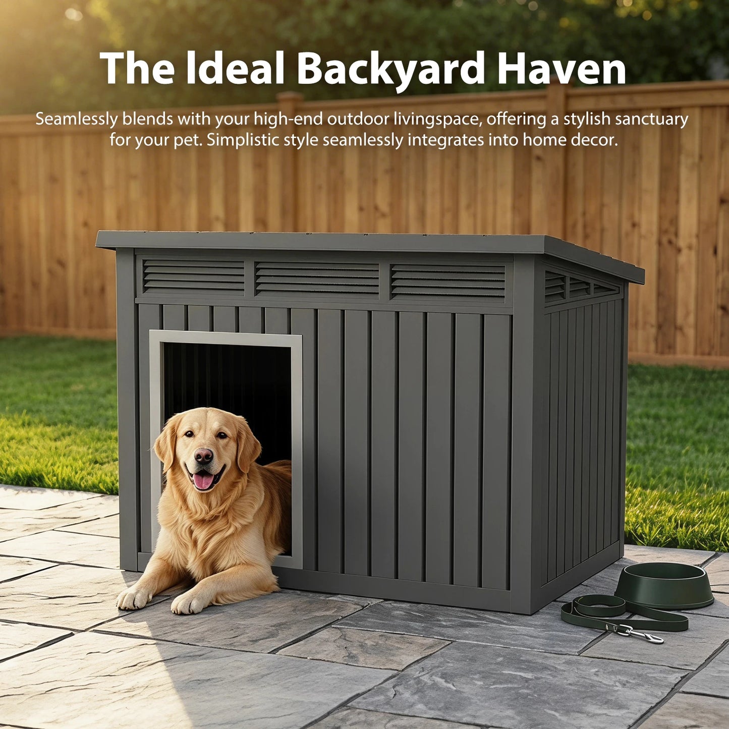 XXXL Slant-Roof Resin Dog Villa - Gas-Lift Ventilated Canopy & StormProof Design, All-Weather Outdoor Shelter with UV Armor for Large Dogs/Multi-Pet Households, Dog Furniture, Garden Pet House, Perfect Gift for Halloween, Chr