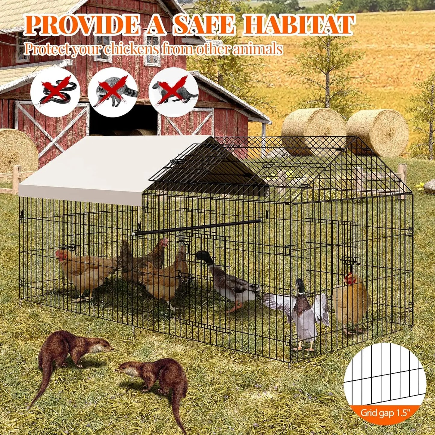 Large Metal Chicken Coop with Run, Outdoor Poultry Cage for Backyard, Waterproof Cover Chicken House for Hens Ducks Rabbits
