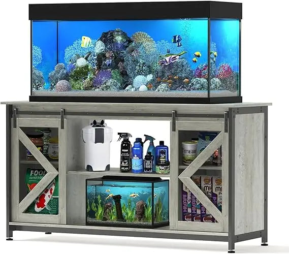 55-75 Gallon Fish Tank Stand, Aquarium Stand with Sliding Barn Door & Cabinet for Fish's Tank Accessories Storage, Heavy Duty