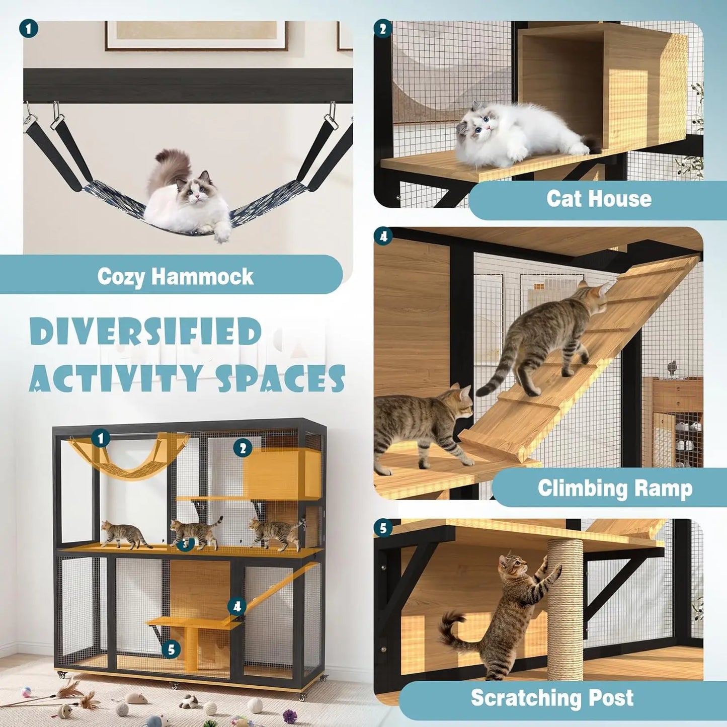 Catio Outdoor Cat Enclosure on Wheels, 4 Tier Large Cat House for Multiple Cats with Resting Box and Hammock, Indoor, Custom