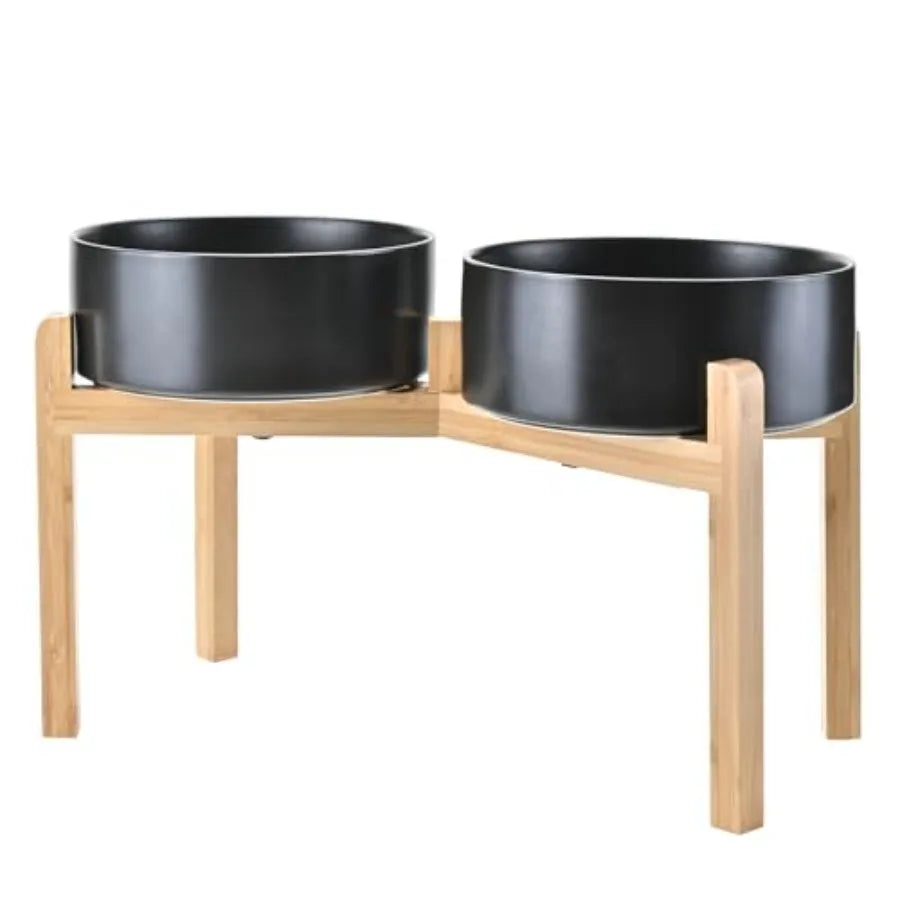Elevated Dog Bowls Ceramic, 6.1'' Dogs and Cat Food Water Bowls Raised with Non-Slip Bamboo Stand for Medium Sized Breed Microw
