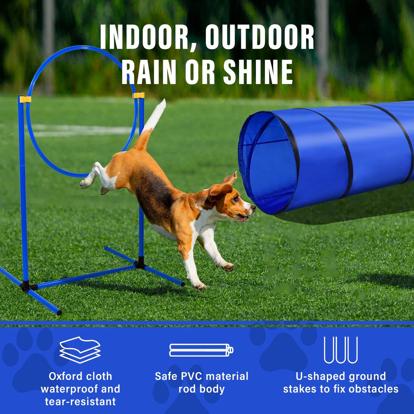 Dog Agility Course Backyard Set Dog Training Kit with 2 Tunnels, Hoop Jump, 2 Hurdle Jumps, 6 Weave Poles, Pause Box, Whistle