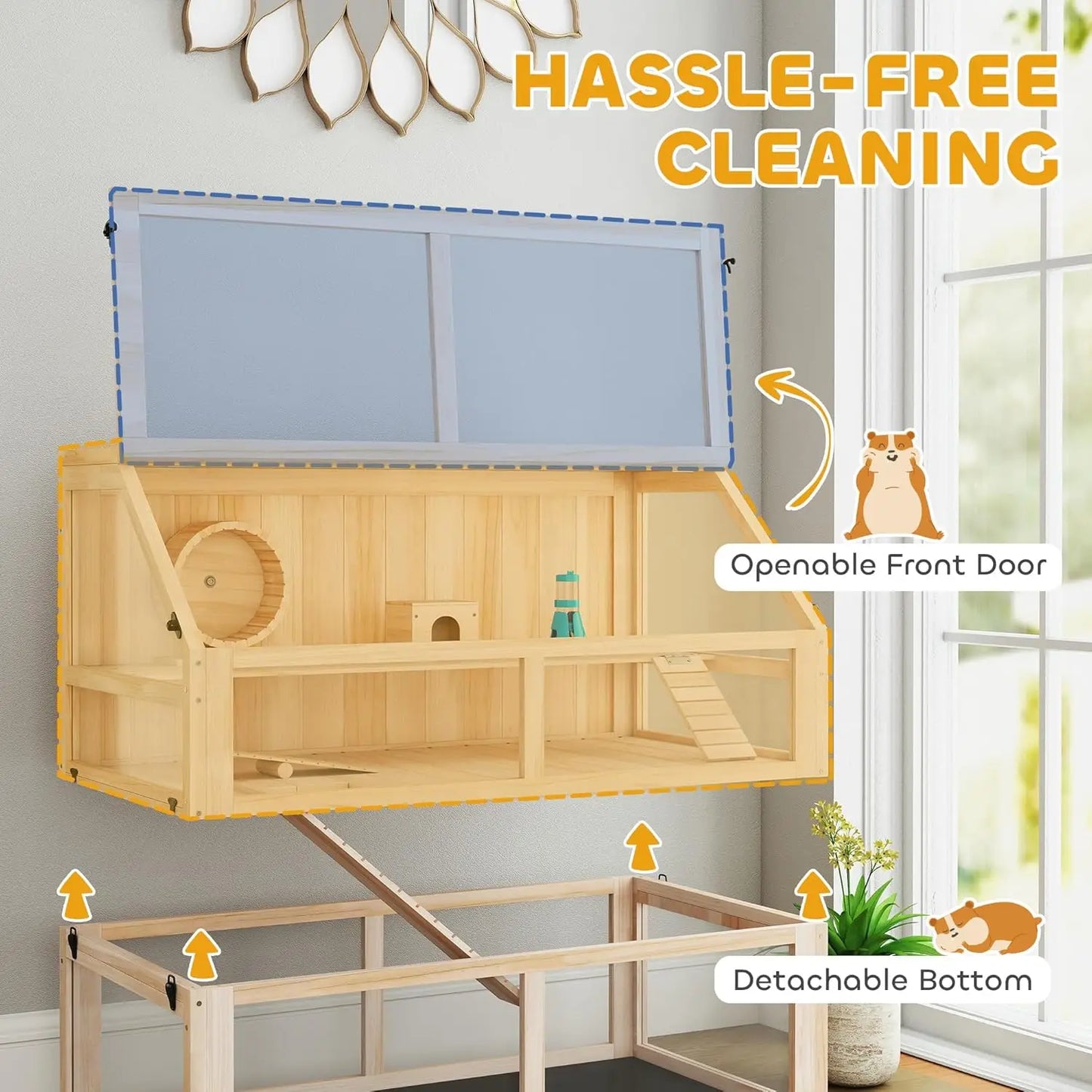 Wooden Hamster Cage, 3 Tier Small Animal Cage with Detachable 12.4" Deep Bottom, Hut, Seesaw, Exercise Wheel,, Customized