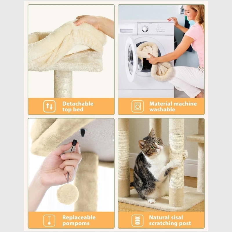 60.62 Inches Multi-Level Cat Tree Cat Tower for Indoor Cats with Sisal-Covered Scratching Post, Cozy Cat Condo, Padded Top Perch