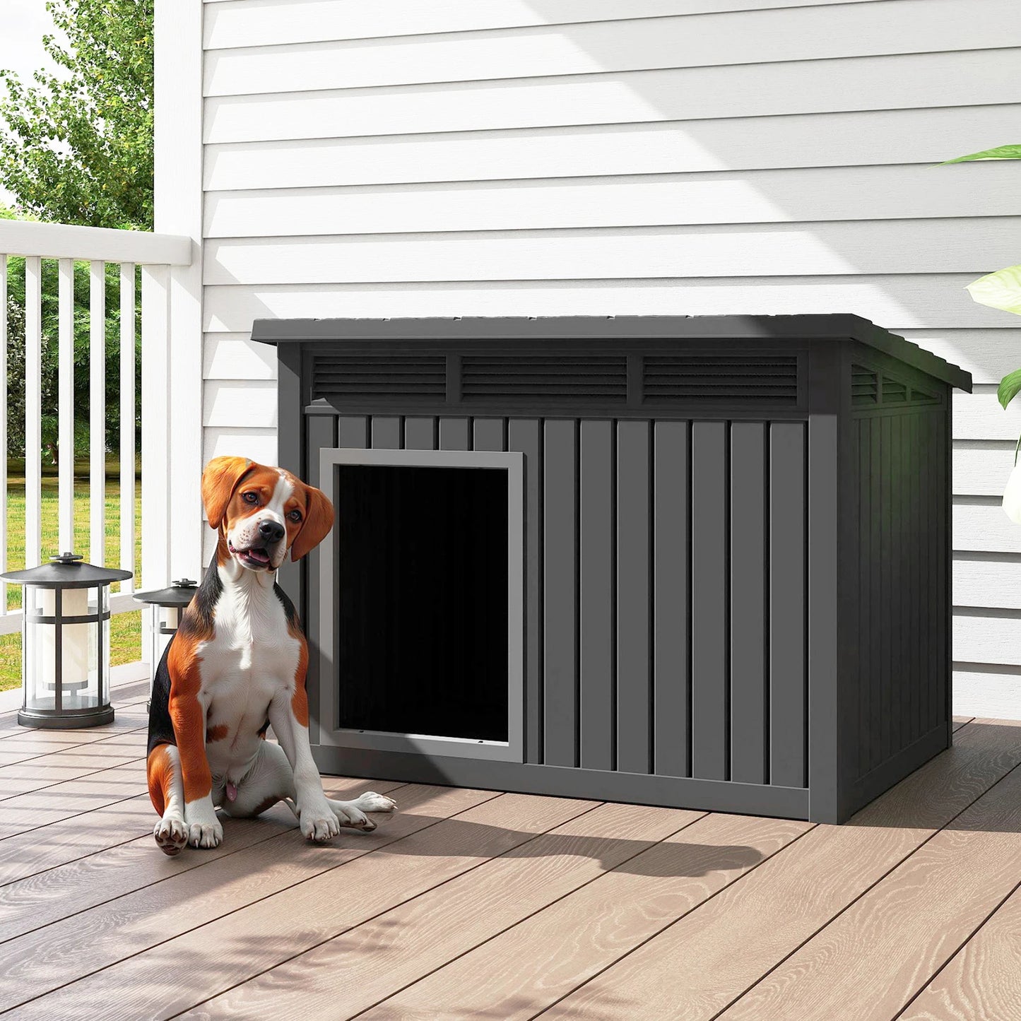 XXXL Slant-Roof Resin Dog Villa - Gas-Lift Ventilated Canopy & StormProof Design, All-Weather Outdoor Shelter with UV Armor for Large Dogs/Multi-Pet Households, Dog Furniture, Garden Pet House, Perfect Gift for Halloween, Chr