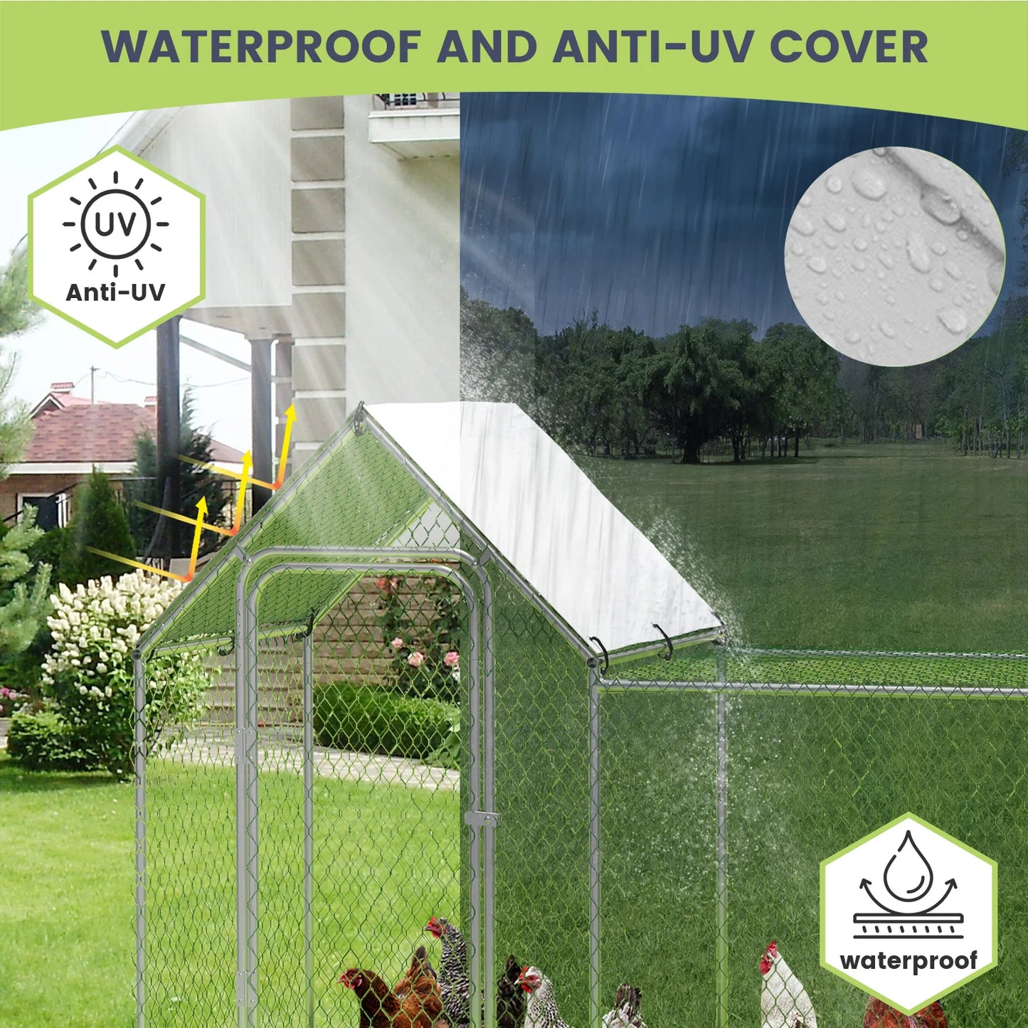 Large Walk-in Metal Chicken Coop,Outdoor Enclosure with Waterproof Anti-UV Canopy Standing Poultry Cage for Hens Rabbit Duck Run