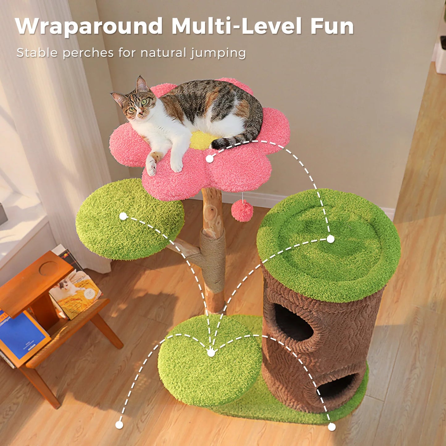Large Cat Tree with 4 Spacious Condos Thick Scratching Post Flower Top Bed Tall Cat Tower for Indoor Luxury Cat House Bed Toys