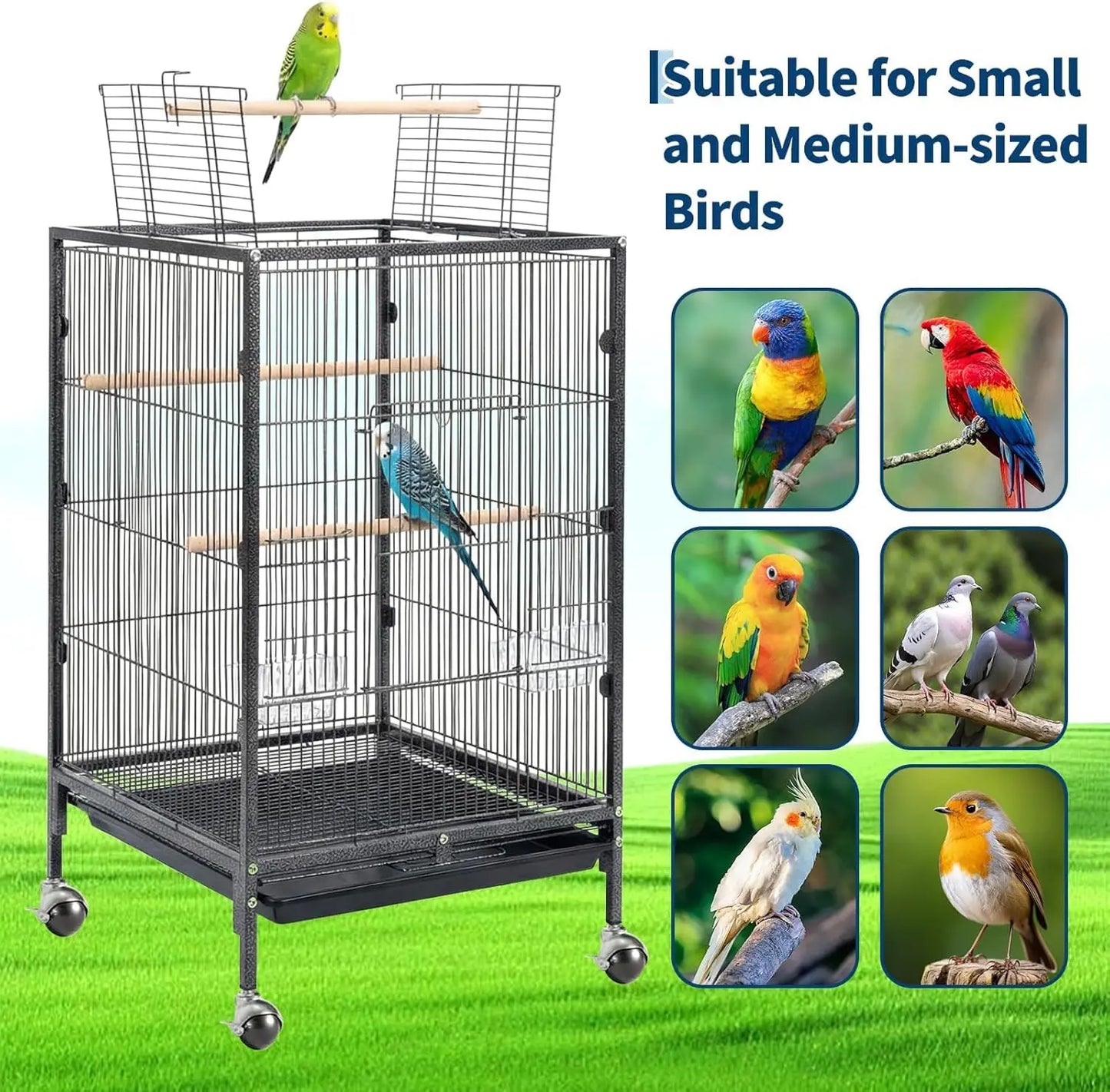 Heavy Duty Metal Bird Cage with Play Top and Rolling Stand,Spacious Flight Cage for Parakeets, Canaries, Lovebirds Easy Assembly