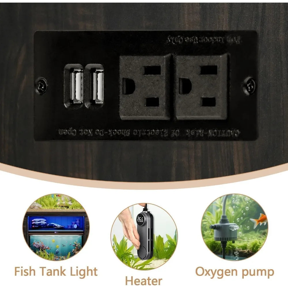 Gallon Fish Tank Stand with LED Light & Power Outlets, 55-75 Gallon Heavy Duty Metal Aquarium Stand with Drawers & Barn Doors