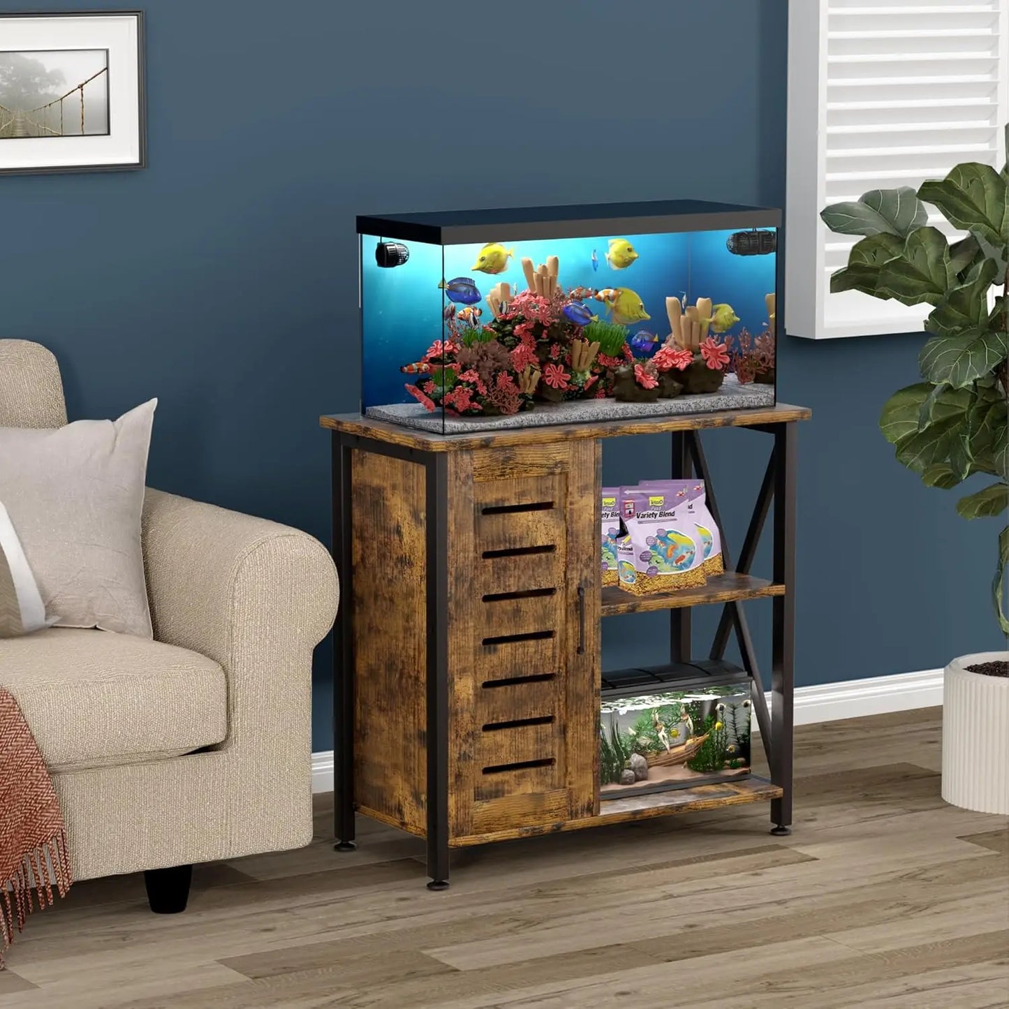 Heavy Duty Metal Fish Tank Stand for 20-29 Gallon Aquariums, Rustic Brown with Storage Cabinet, 330LBS Capacity