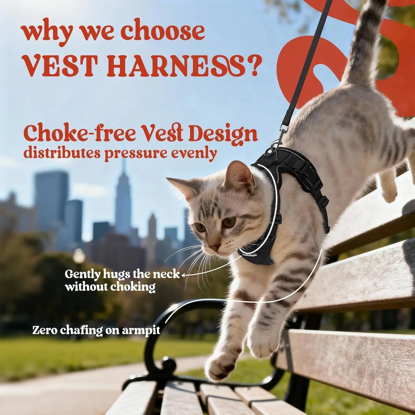 Escape Proof Cat Harness and Leash, Adjustable Soft Vest with Reflective Strips for Easy Walking Control, Black XS