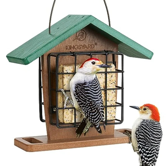 Double Suet Bird Feeder with Weatherproof Roof and Perch + Kingsyard Ground Bird Feeder for Outdoors