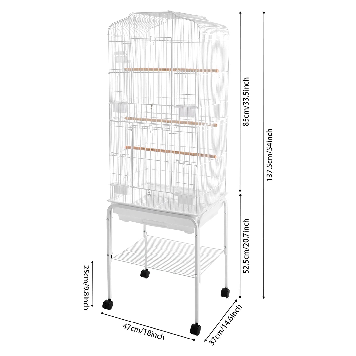 Large White Bird Cage with Wheels - 4 Casters (2 Brakes) Rectangular Parrot Breeding Cage Freestanding Iron Electrostatic Sprayi