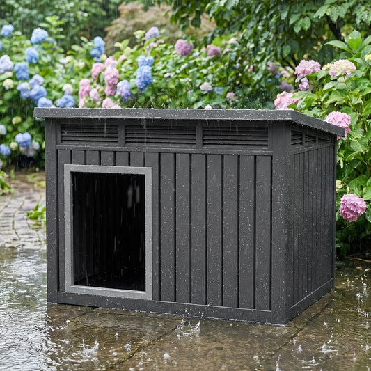 XXXL Slant-Roof Resin Dog Villa - Gas-Lift Ventilated Canopy & StormProof Design, All-Weather Outdoor Shelter with UV Armor for Large Dogs/Multi-Pet Households, Dog Furniture, Garden Pet House, Perfect Gift for Halloween, Chr