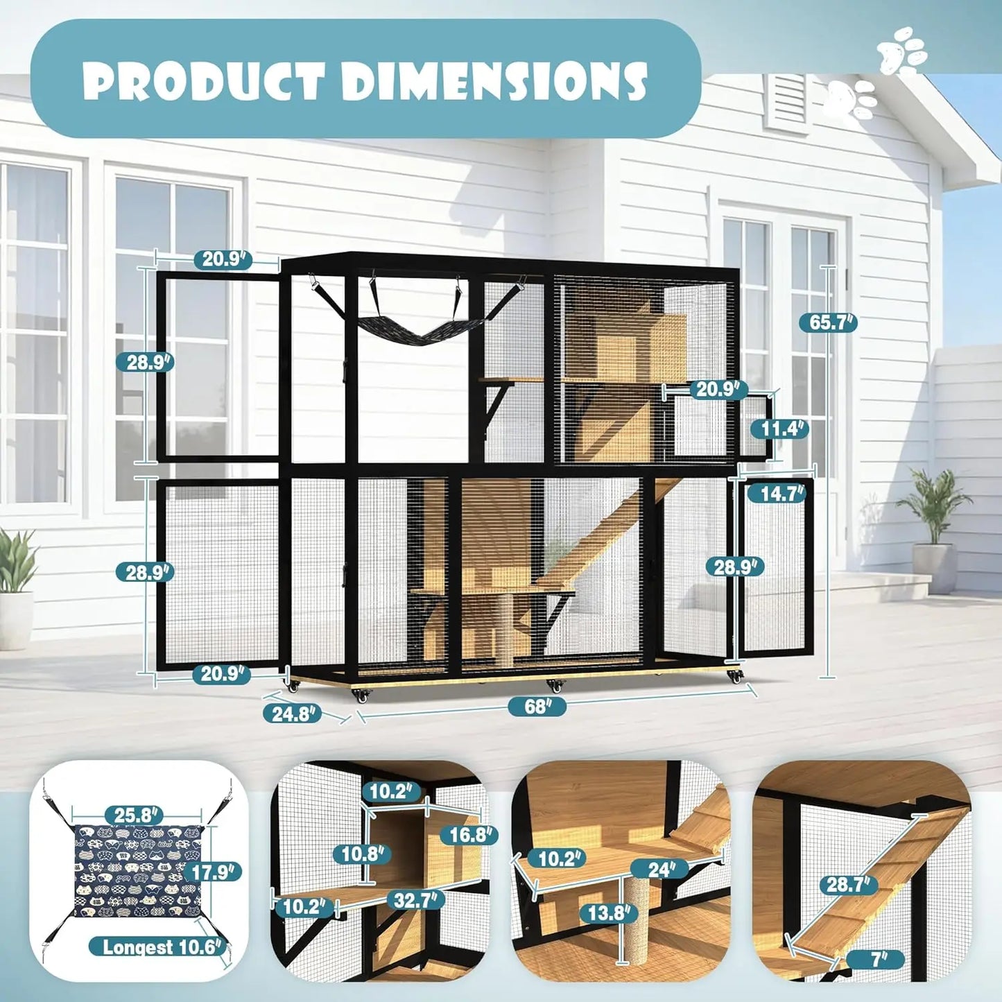 Catio Outdoor Cat Enclosure on Wheels, 4 Tier Large Cat House for Multiple Cats with Resting Box and Hammock, Indoor, Custom