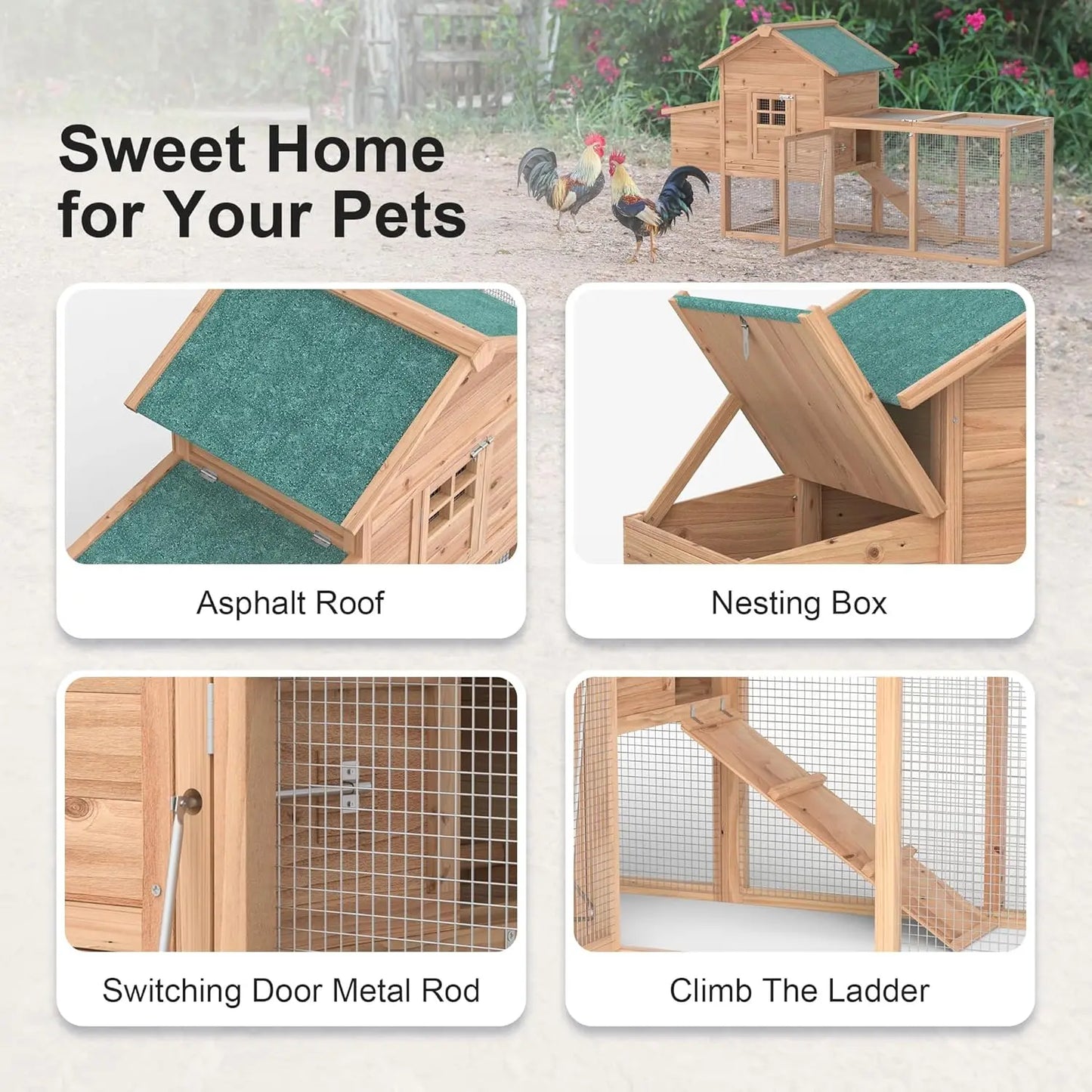 Outdoor Chicken Coop for 2-4 Chickens Wooden Hen House Poultry Pet Hutch Run Cage w/Waterproof Asphalt Roof, Ramp,, Customized