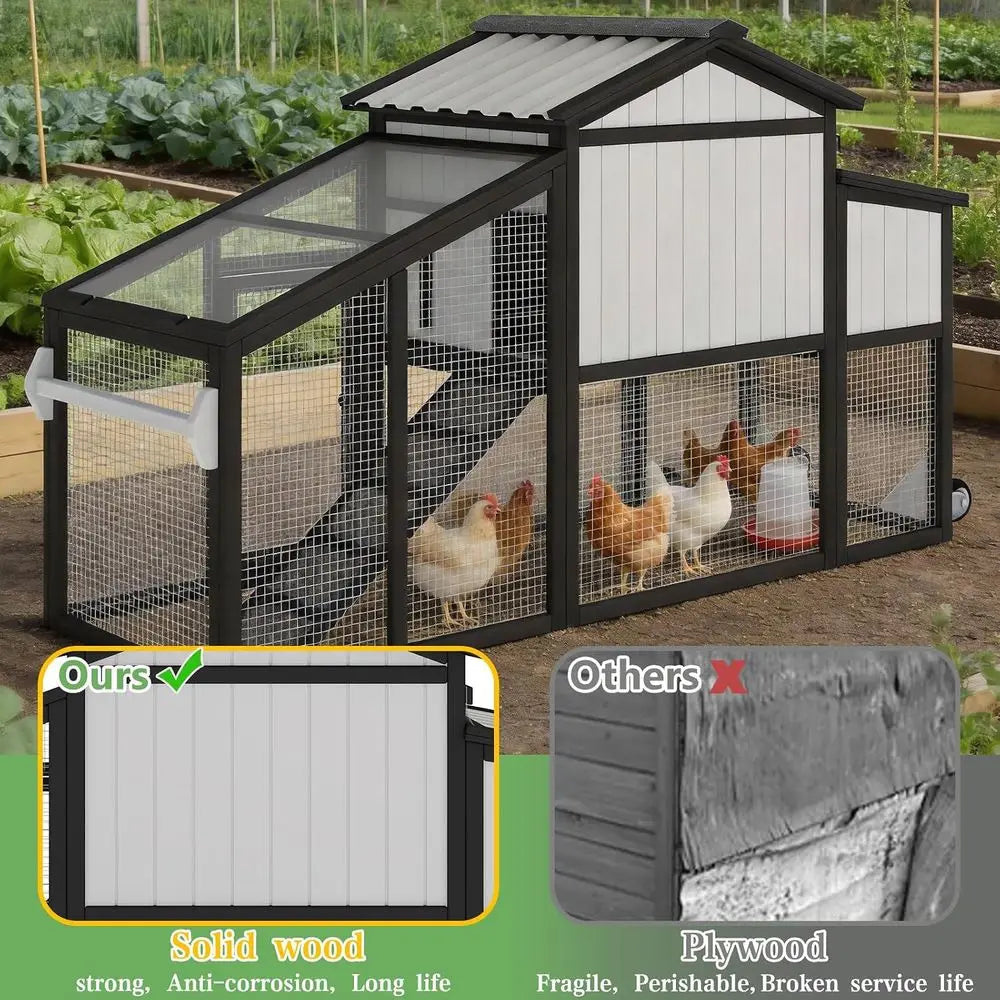 Chicken Coop and Run with Wheels, Portable Two SRabbit Hutch Indoor Outdoor, Wooden Hen House with Nesting Box, p & Deep No Leak