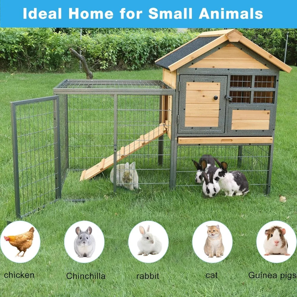 chicken coop and run, two story rabbit hutch indoor outdoor, waterproof metal frame hen house with nesting box rabbit cage, deep