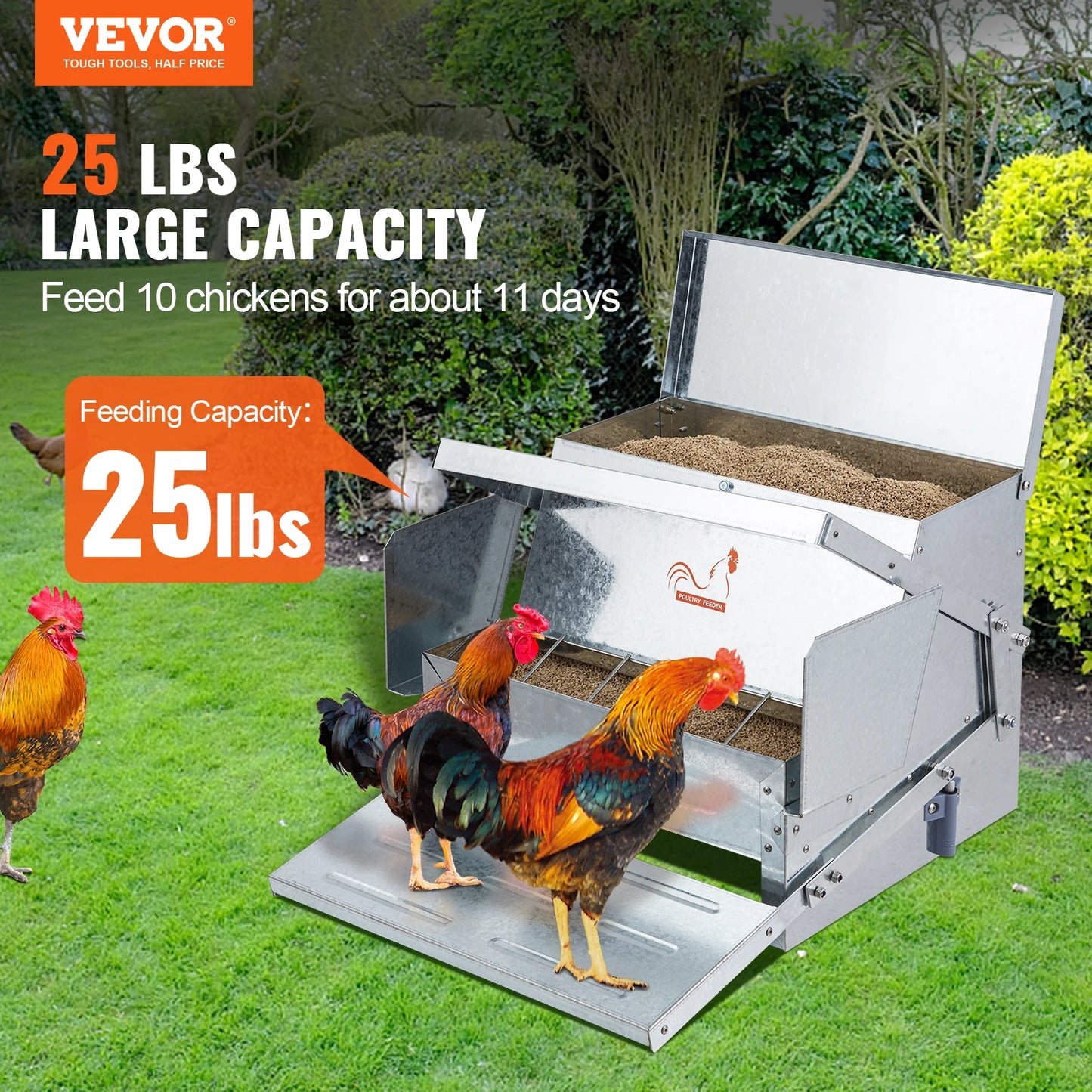 SucceBuy Automatic Chicken Feeder 25 lbs Capacity Feeds 10 Chickens up to 11 Days Galvanized Steel Poultry Feeder