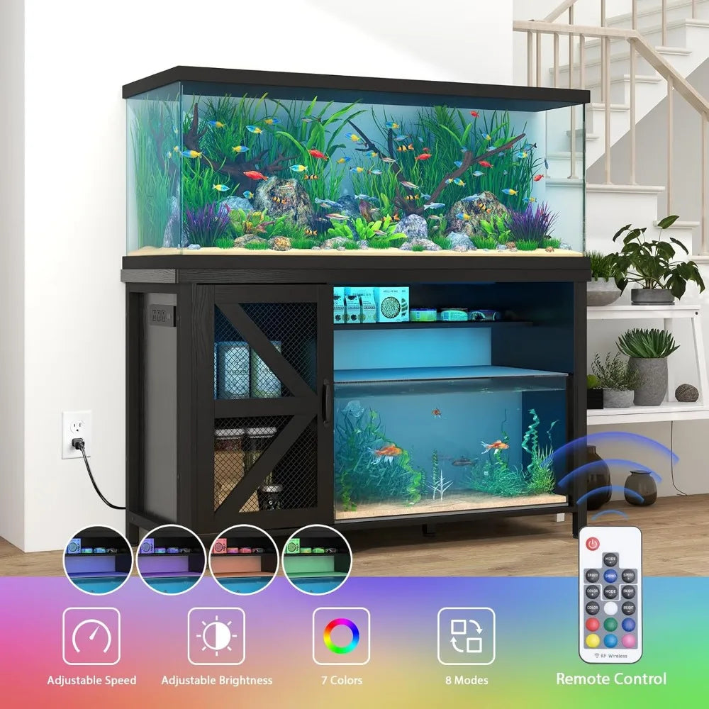 55-75 Gallon Aquarium Stand with Storage Cabinet, Fish Tank Stand with Power Outlets & LED Light, Wooden Turtle Tank 52 i