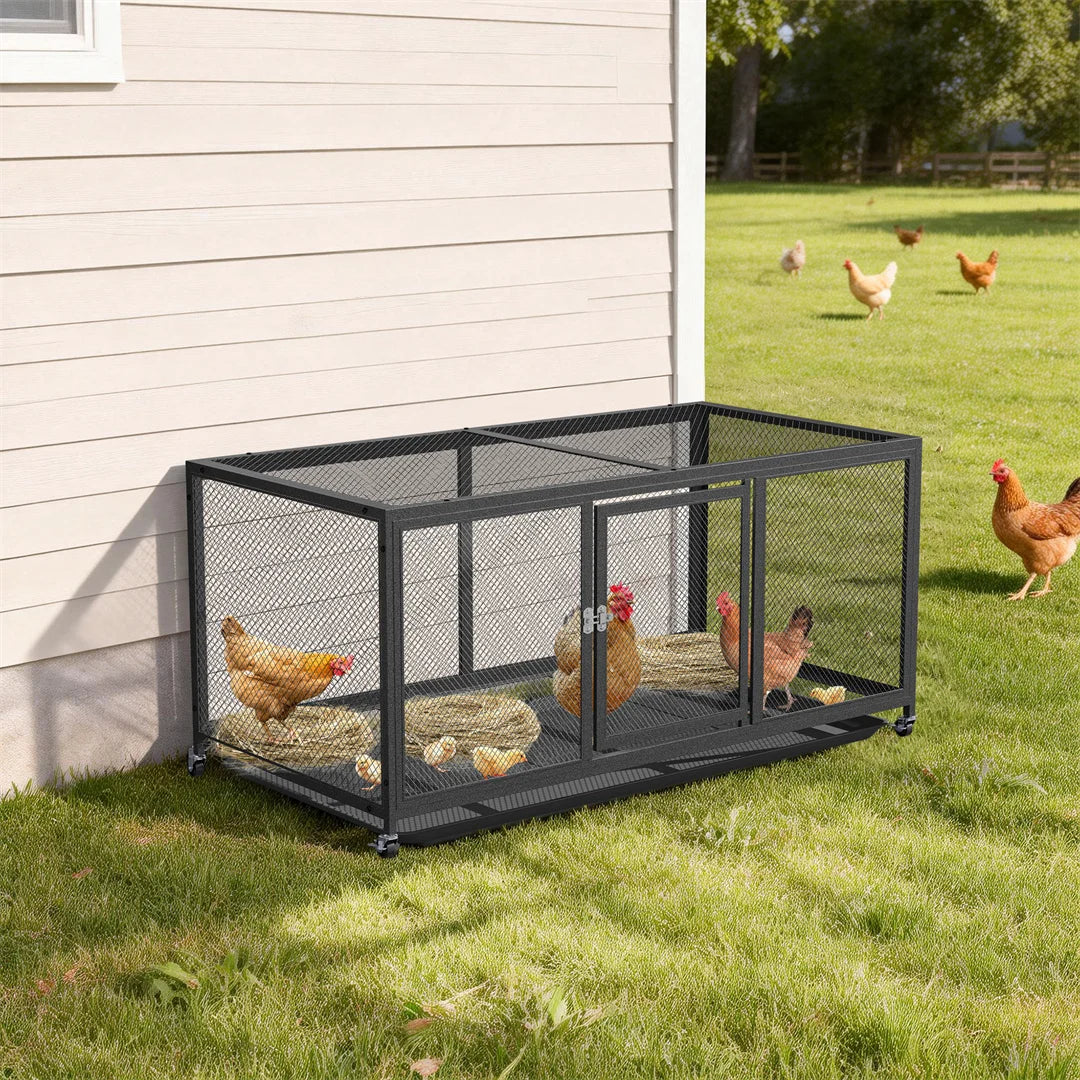Outdoor Heavy Duty Metal Chicken Coop Poultry Cage with Anti-UV Cover, Feeding Door & Wheels for Duck Rabbits