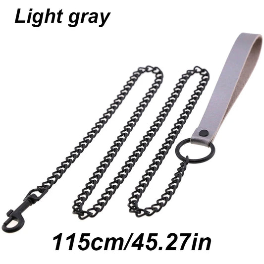 Leather Handle Chain Dog Durable Metal Chew Proof Dog Training Leash 115cm Heavy Duty Anti-bite Dog Giant Chain Leash with